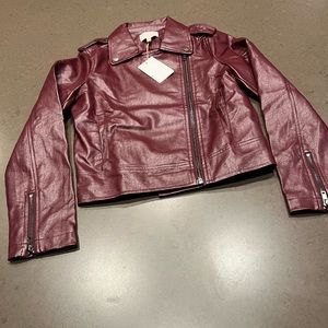 NWT Skies are Blue Pocketed Faux Leather Biker Jacket  Wine Color Sz: XS